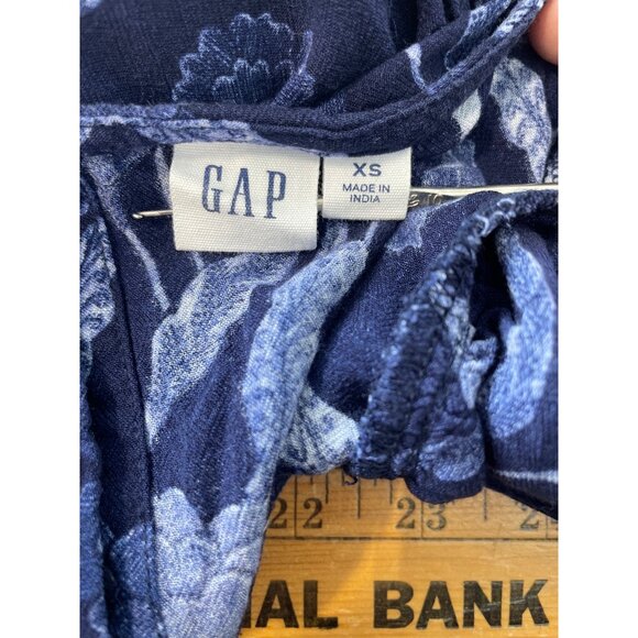 Gap Blouse Size XS Floral Ruffle Short Sleeve Keyhole Back Modal Navy Bohemian - Picture 3 of 6